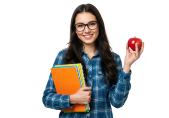 Happy young student with books and apple isolated on transparent background