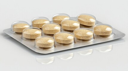 Blister Pack of Ten Light Brown Pills on a Reflective White Surface