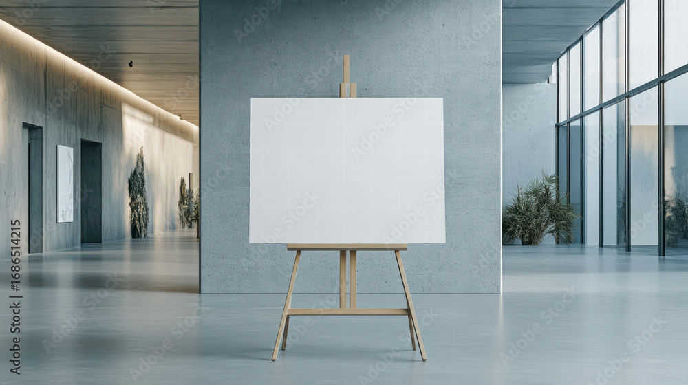 Poster canvas in gallery: a minimalist composition of an art gallery, featuring a blank canvas on an easel,