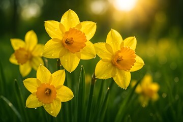 Vibrant Yellow Daffodils in a Spring Garden with Golden Hour Sunlight
