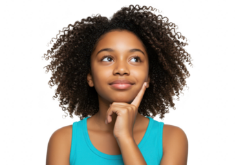 Young girl with curly hair thinking, isolated on transparent background