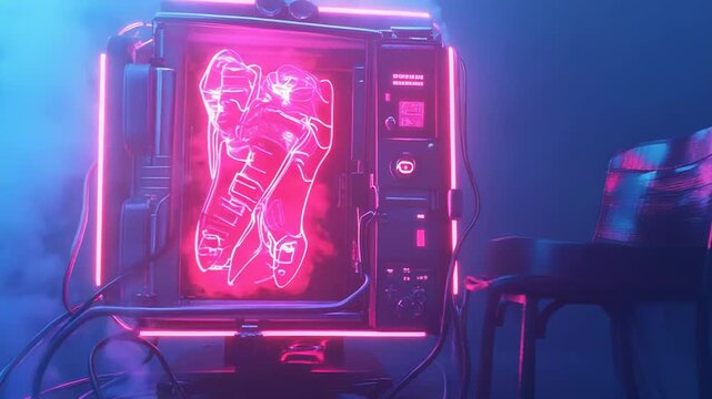 Futuristic vending machine displaying virtual sneakers in neon lit room