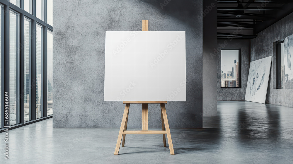 Poster empty canvas: a sunlit art studio or gallery space features an empty canvas on an easel, capturing t