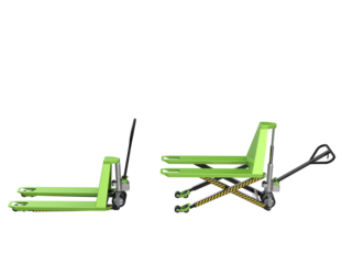 Efficient Green Pallet Truck: Modern Industrial Material Handling for Warehouse Operations. High-Quality 3D Rendered Hand Pump Jack Isolated on Transparent Background for Logistics and Freight.