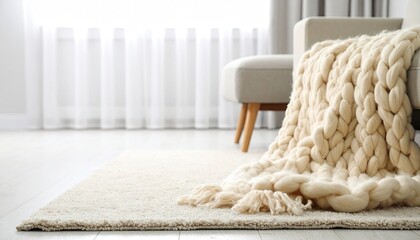 Cream Knitted Blanket on Beige Rug in Bright Living Room