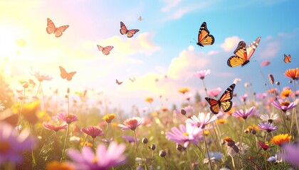 Vibrant Butterflies Flutter Over Colorful Wildflower Meadow Landscape