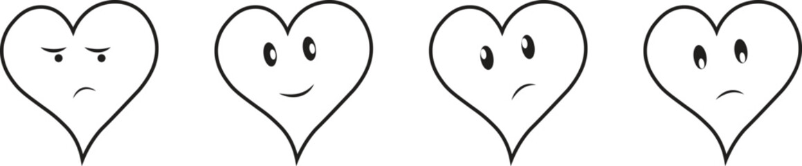 Cute heart face emoji set with different expressions. Love symbol illustration showing happy, sad, angry, and confused emotions. Romantic cartoon design for decoration and graphic art.