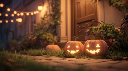 Fototapeta premium Spooky Halloween Jack-o'-Lanterns on a Porch at Night