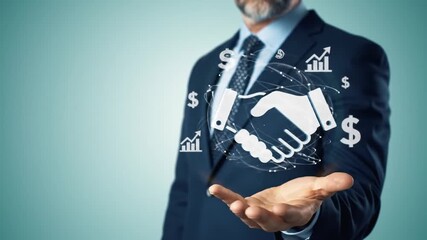 Businessman's open hand displaying an innovative digital projection of a global financial handshake, representing successful collaboration, investment, and future business growth in the modern economy