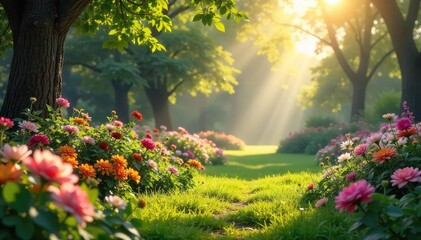 Sunbeams illuminate a tranquil garden scene, overflowing with vibrant flowers and lush greenery, symbolizing divine goodness and the beauty of creation , spiritual, growth, tranquil
