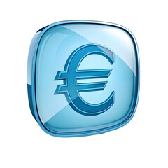 Obraz premium Three Dimensional Light Blue Glass Euro Currency Symbol Icon Shiny Square Button isolated on a transparent background