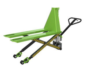 Isolated Green Scissor Lift Pallet Jack 3D: High-Definition Render of Manual Hand Pallet Truck, Heavy Lifting Equipment with Yellow Safety Stripes, Transparent Background for Easy Use.