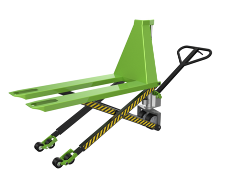Isolated Green Scissor Lift Pallet Jack 3D: High-Definition Render of Manual Hand Pallet Truck, Heavy Lifting Equipment with Yellow Safety Stripes, Transparent Background for Easy Use.