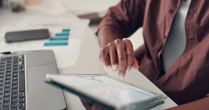 Businessman, hands and analytics with tablet screen for company performance review in office. Male person, analyst or scrolling with technology, graph or chart for statistics or data in workplace