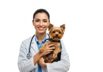 Veterinarian holding a small dog isolated on transparent background