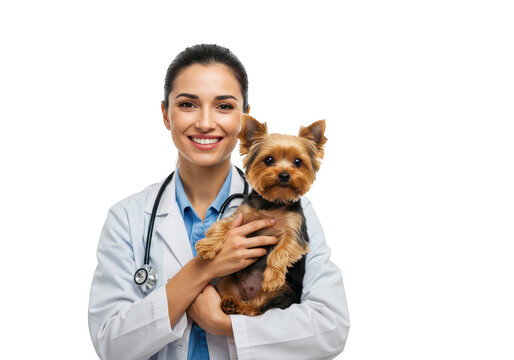 Veterinarian holding a small dog isolated on transparent background