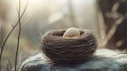 A single egg resting peacefully in a rustic nest on a rocky surface