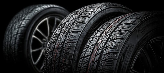 close-up of multiple car tires with detailed tread texture, arranged in a row against a dark black background.