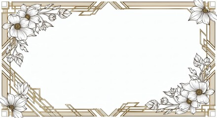 Elegant Art Deco inspired frame with hand-drawn floral arrangements and geometric lines, a vintage style border for invitations or cards