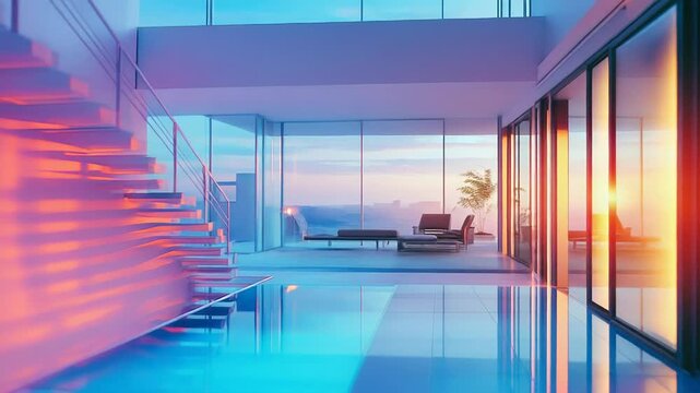 Modern open plan home interior with indoor pool at sunset