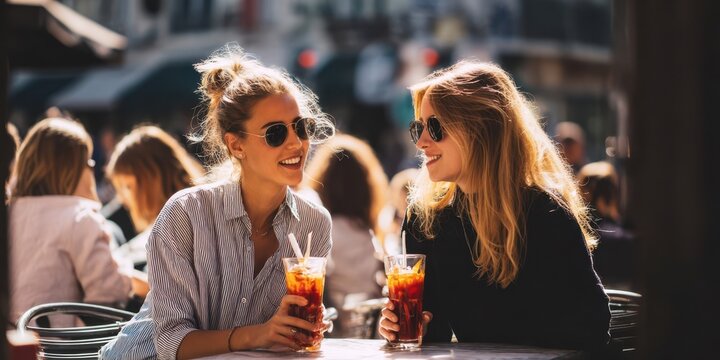 The joyful moment of two friends enjoying drinks at a sunny cafe.