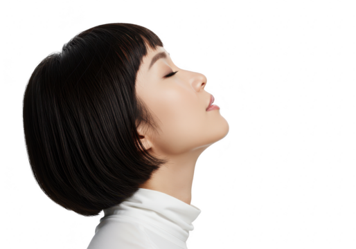 A woman with short black hair tilting her head back isolated on white isolated on transparent background
