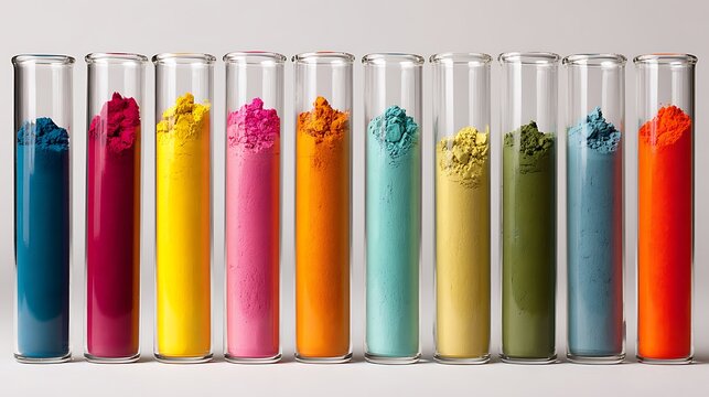 Colorful pigments in test tubes arranged in a row