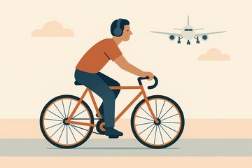 Obraz premium Conceptual illustration of a cyclist riding on a runway road with a plane flying overhead, symbolizing danger, risky behavior, and metaphorical reference to Darwin Award scenarios.