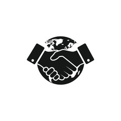 Global partnership illustration featuring a handshake over a world globe, symbolizes international cooperation, agreement, and unity