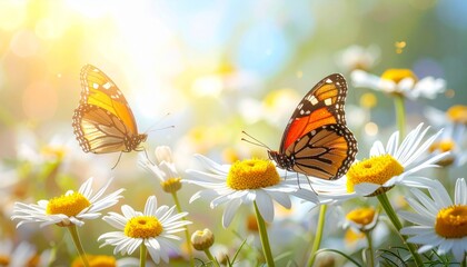 Obraz premium Beautiful Monarch Butterflies Fluttering Over Daisies in Sunlight