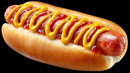Delicious Hot Dog Topped with Ketchup and Mustard on a Black Background
