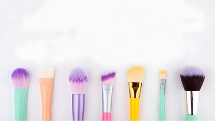 Colorful makeup brushes assortment on white background beauty and cosmetic tools set
