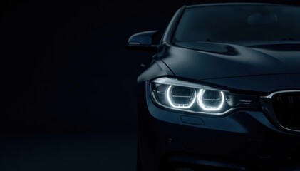 Close-up of sleek black car headlights, dark background, studio shot, shine