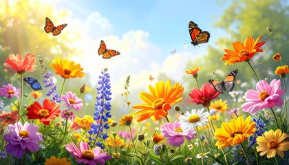 Vibrant Meadow with Colorful Flowers and Butterflies Under Sunlight
