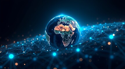 Earth at night, showing bright dots representing international logistics centers and supply chains, with continents illuminated and a sense of global trade and technological connectivity