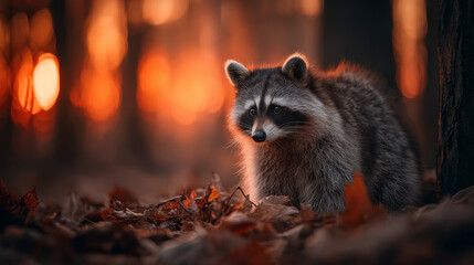 Curious Raccoon Sitting in Autumn Forest Surrounded by Fallen Leaves with Warm Golden Sunset Light and Peaceful Natural Woodland Atmosphere