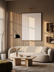 Mockup poster frame in elegant minimalist living room interior with neutral tones, curved sofa, and natural lighting for modern home decor presentation