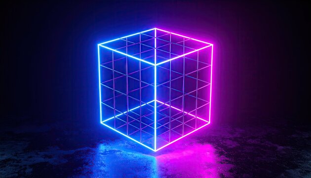 Neon Cube with Cyan and Magenta Glow