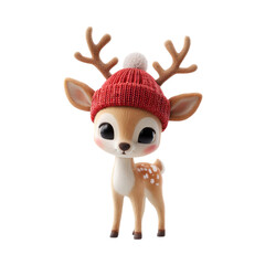 Festive Fawn Cartoon Reindeer in Red Knit Hat on Black Background.