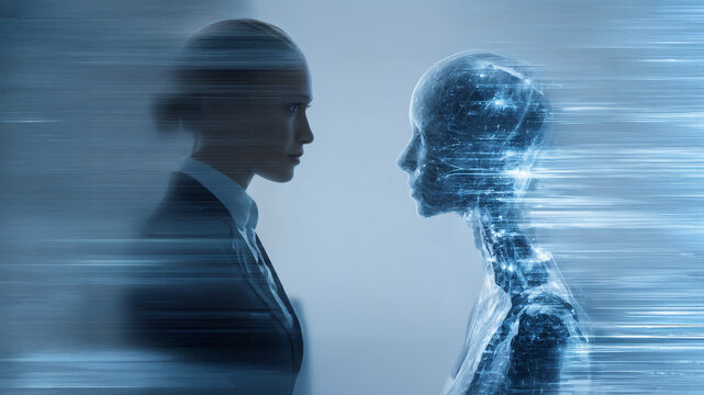 A human and an AI figure face each other, symbolizing the interaction of human intelligence and machine learning. A futuristic concept of AI development and human influence.