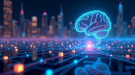 Digital transformation concept illustration, glowing streams of data, holographic AI brain and neural networks, blockchain connections, cybersecurity shield made of light, neon blue-purple with gold 