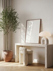 Mockup poster frame in modern minimalist interior with sculptural lamp, console table, and cozy chair in natural light
