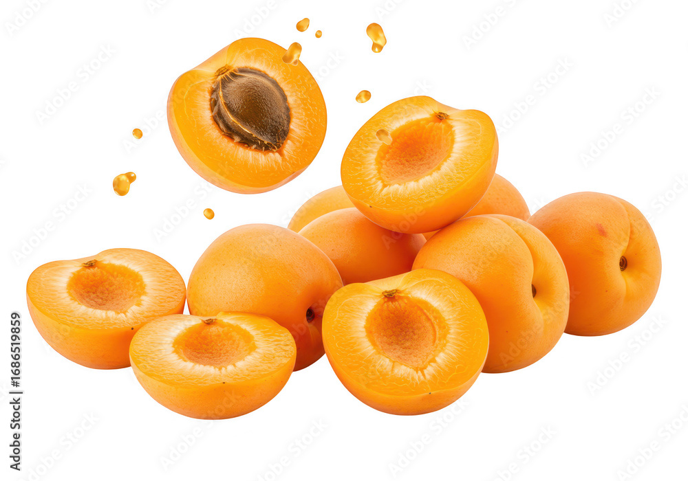 Poster Pile of fresh apricots with splashes isolated on transparent background
