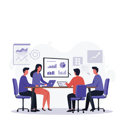 Diverse professionals collaborate in a modern office, reviewing screen charts at a large table, a simplified flat 2D vector illustration on a white background.