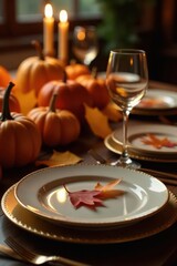Golden cutlery glistens on richly set autumnal table Warm lighting enhances the inviting scene , china, fall
