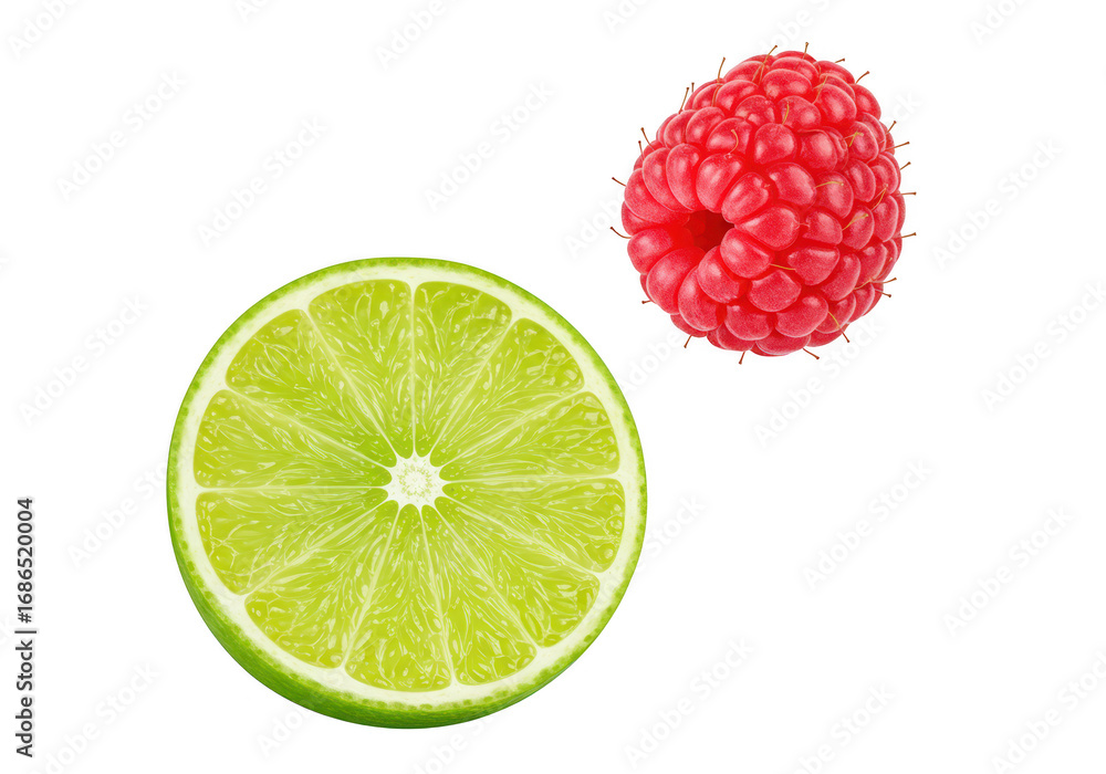 Poster Fresh raspberry and lime slice isolated on transparent background