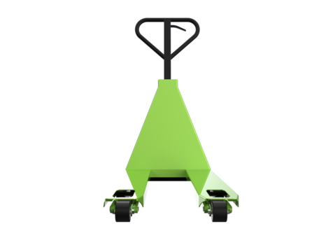 Isolated Green Scissor Lift Pallet Jack 3D: High-Definition Render of Manual Hand Pallet Truck, Heavy Lifting Equipment with Yellow Safety Stripes, Transparent Background for Easy Use.