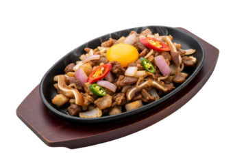 A savory dish of stir-fried pork and pig's ears, onions, and chili peppers, with a vibrant egg yolk, served in a dark cast iron skillet.