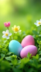 Fototapeta premium Pastel eggs nestled in spring flowers, vibrant green grass , tulips, willow