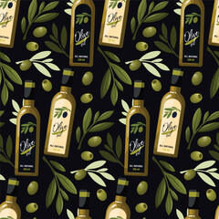Seamless pattern background. Olive Oil with Green Olives and Leaves on black background. Italian and Greek cuisine element.